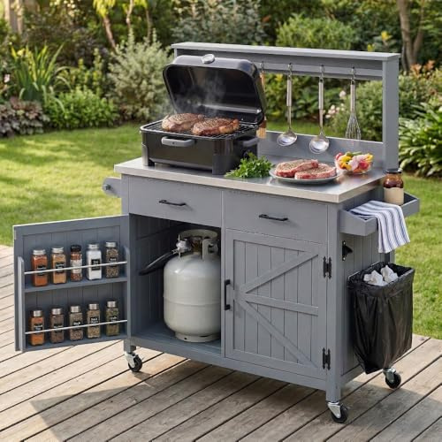 54.1 Outdoor Kitchen Island with High Shelf, Large Outdoor Garden Potting Bench Table with Stainless Steel Top and Storage Cabinet, Solid Wood Grill Cart With Lockable Wheels for BBQ (Grey Blue)