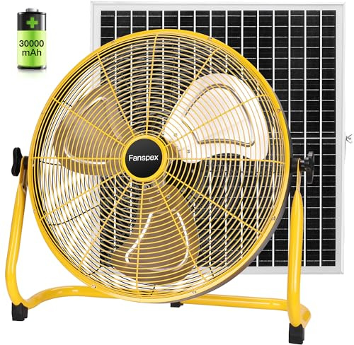 Fanspex Ventilador de suelo solar recargable de 20 pulgadas para exteriores, ventilador con batería de 30000 mAh con panel solar de 35 W para patio, cenador, camping, inclinación de 360° (flujo de