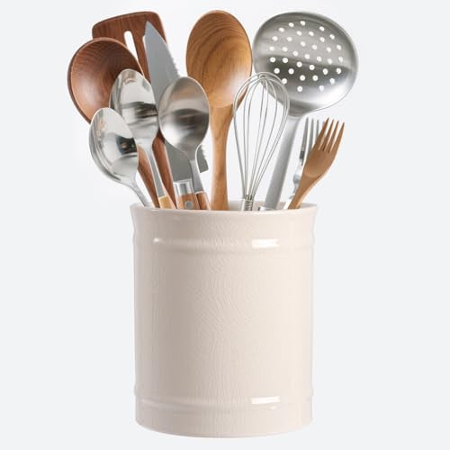 SZUAH Kitchen Utensil Holder, Larger Ceramic Utensil Crock for Kitchen Counter top & Dining Table (Cream, 5.9 x 5.9 x 6.7)