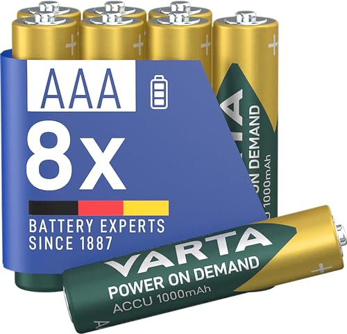 VARTA Pile AAA, ricaricabili, confezione da 8, batteria ricaricabile, Power on Demand, 1000 mAh Ni-Mh, precaricate, pronte all'uso [Esclusivo su Amazon]