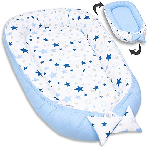 PaLulli nido per bebè nido per bebè 50x90 cm bozzolo, 2 lati, 100% cotone, nido per lettino, nido per coccole, cuscino, lettino da viaggio per neonati e bambini (stella B)