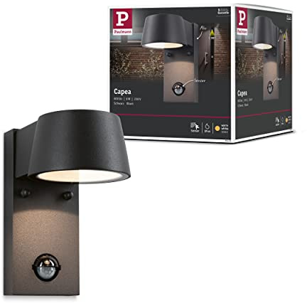 Paulmann 94453 LED utomhuslampa Utomhusvägglampa Capea med rörelsedetektor IP44 inkl. 1x6 watt utomhusbelysning Svart Utomhuslampa Aluminium 3000 K