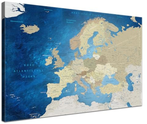LANA KK Europakarte Pinnwand Leinwand Meerestiefe Englisch 80 x 60 cm