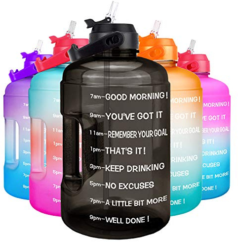 QuiFit 1 Gallon Water Bottle - with Straw & Motivational Time Marker Leak-Proof BPA Free Reusable Gym Sports Outdoor Large(128OZ) Capacity Water Jug(Black,1 Gallon)