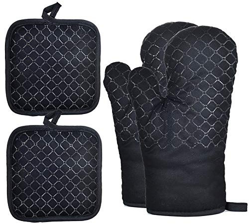 Bulckrew Ofenhandschuhe und Topflappen im Set, extra weiche waschbare Baumwolle Topfhandschuhe, Hitzebeständig bis 300°C Küchenhandschuhe zum Kochen & Backen,4pcs Schwarz