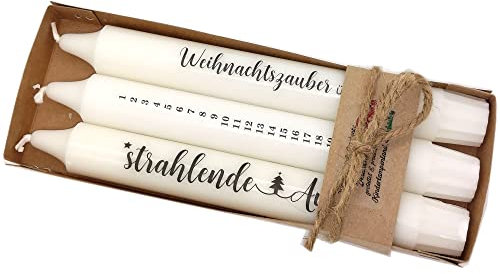 Kerzen mit Spruch für Adventszeit und Weihnachten (srahlenden Augen/Baum/Zahlen)