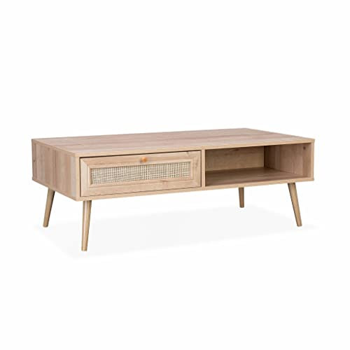 Couchtisch mit Rattangeflecht 110 x 59 x 39 cm - Schublade - Ablagefläche - Skandinavische Kompassbeine
