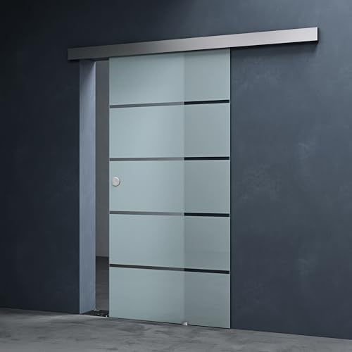 Mai & Mai Glasschiebetür komplettset 90x205cm Milchglas Streifen | Zimmertür, Griffart: Muschelgriff, 25 mm Wandabstand, 8mm ESG-Sicherheitsglas Amalfi