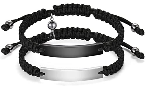 JewelryWe Schmuck Pärchen Armband Lederarmband mit Her King His Queen Magnet Kugel Poliert Edelstahl Leder geflochten Partnerarmband Freundschaftsarmband Paar Armreif Verstellbar Schwarz Silber
