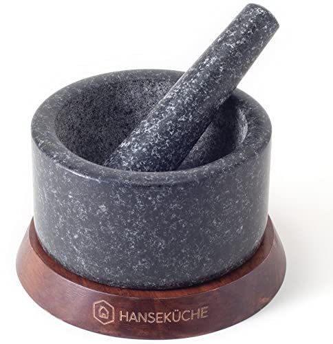 Hanseküche Mörser mit Stößel aus Granit Ø 15 cm – Hochwertiger Gewürzmörser auf edler Holzbasis, rutschfester Steinmörser, ideal für Gewürze und Kräuter, Gewürzmörser, Kräutermörser, Schlegel