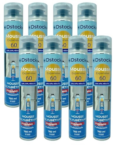 DSTOCK60 - Lot de 8 mousses expansives - 750 ml - Mousse polyuréthane professionnelle pistolable - Isole, colle et rebouche - Extérieur et intérieur