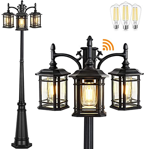 PARTPHONER Dusk to Dawn Outdoor Lamp Post Lights, Black Light Pole with Clear Glass Panels (3 LED Bulbs Included), 3-Head Hardwired Waterproof Outside Street Lights for Backyard Garden Driveway