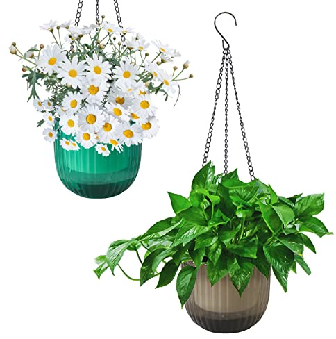 YuanDiann Hängend Blumentopf 2er Set, Selbstbewässernder Baumwollseil Hängepflanztopf Blumenampeln zum Aufhängen für Pflanzen Innen, Auße Grün + Grau ø16.5cm x 15cm