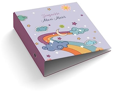 Ringordner Ordner | Kinder | personalisiert | Wunschtext | Regenbogen | Wolken | Mit Griffloch | für DIN A4 | 7,4 cm breit | lila | Zeugnisse | Zeugnismappe