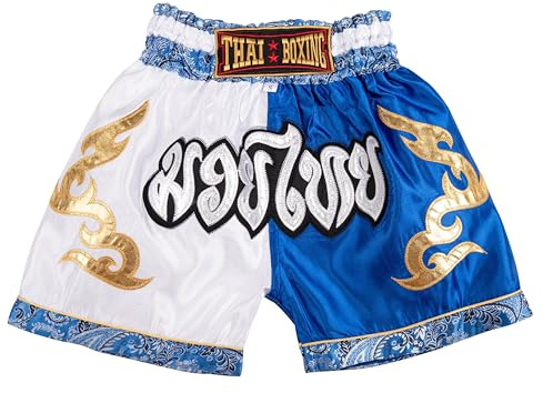 MUAY NATION Shorts de Boxe Thaï pour Enfants (2 à 12 Ans) Filles et garçons, Shorts pour Muay Thaï, MMA, Arts Martiaux (FR/ES, Âge, 9 Ans, 12 Ans, Taille Normale, Blanc/Bleu)