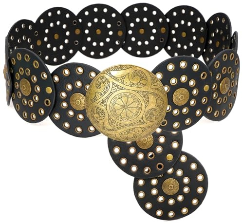 Buywis Brett skivbälte för kvinnor boho disk concho läderbälten västerländsk midjebälten för klänning, Svart, 130CM/51.2IN