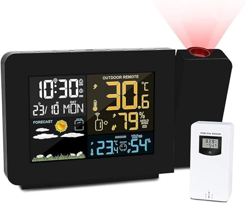 YUNYHAO Sveglia Con Proiezione - Proiettore Orologio Digitale A Soffitto - Con Display Della Temperatura Interna/esterna - Doppia Sveglia - Retroilluminazione A Colori - Previsioni Meteo