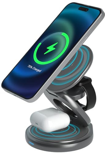 Qoosea Cargador Inalámbrico 360° Rotativo de Tres en uno Cargador Inalámbrico Plegable de Estación de Viaje Magnético Compatible con la Serie iPhone 15/14/13/12 para iWatch, para Airpods 3/2/Pro
