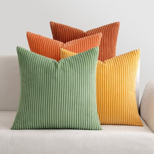 MIULEE Kissenbezug 45x45 4er Set Kordsamt Kissenhülle sofakissen Olive | Weiche Kissenhülle Dekorative Sofakissen Quadratische Dekokissen Zierkissenbezug Gestreifte Kissenbezüge für Wohnzimmer