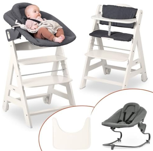 hauck Hochstuhl Beta+ Newborn Set Premium Dark Grey - Babyhochstuhl Set ab Geburt mit Neugeborenen Aufsatz Bouncer, Sitzpolster und Essbrett - Weiß