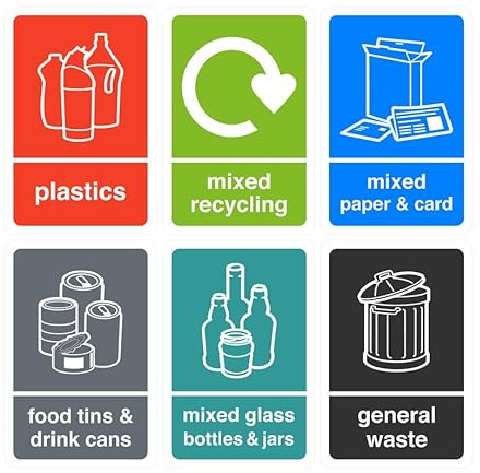 Recycling signs complete pack of 6 essential for recycling bins - High tack self-adhesive sticker (300mm x 200mm) Viewing Distance within 7m.