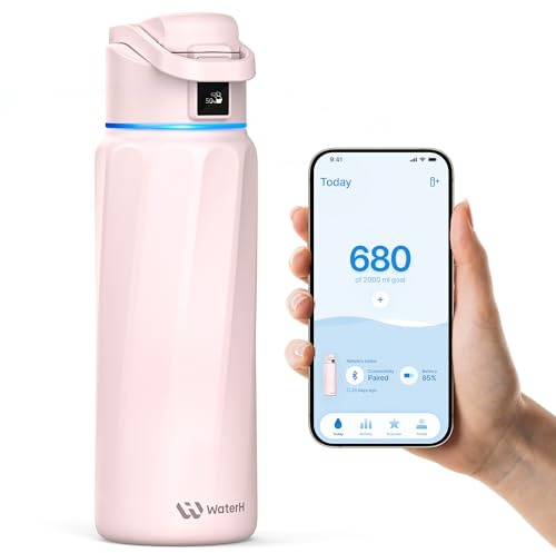 WaterH Boost Smart Water Bottle that Reminds You to Drink, BPA-Free Stainless Steel Vacuum Insulated Bottle, Wide Mouth Water Tracker Bottle with APP, Ideal for Mother's Day, Pink, 946 ml