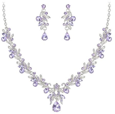 Clearine Conjunto de joyería de disfraz para fiesta de graduación Gota Hoja de strass Cristal colgante Collar y pendientes Tono plateado claro, Petite, Cristal