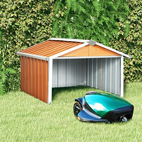 Homgoday Capanno per Robot Tosaerba 92x97x63 cm Acciaio Zincato Marrone, Mobili Esterni Casa degli Attrezzi, Capanno da Giardino Copri Bidone, Attrezzi Casetta,Fattoria e Cortile Porta Attrezzi