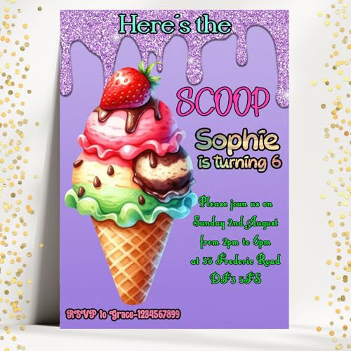 Justperfectsa Ice Cream Party invitations, Personalised Scoop Ice Cream Party Invites, Pack of 12,16,20,32