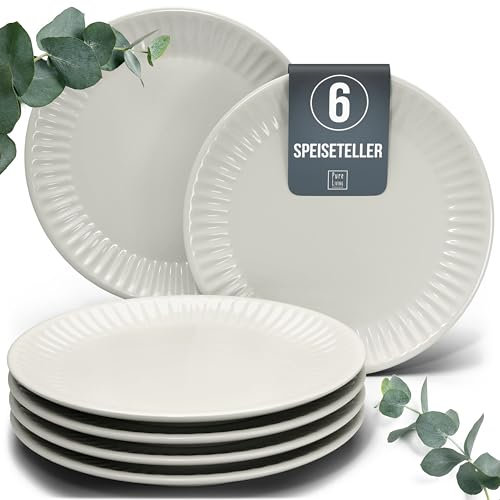 Steingut Teller Groß 6 Personen Hygge TESTSIEGER, Traumhaftes Skandinavisches Steingut Speiseteller Set, Stylisches Essteller Set, Pure Living in Beige