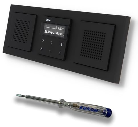 Gira Unterputz IP Internetradio 232003 + Bluetooth Komplett-Set mit 2 x Lautsprecher - E2 schwarz matt mit 3fach Rahmen Gira 021309 inkl. EBROM Phasenprüfer zur Montage der Geräte