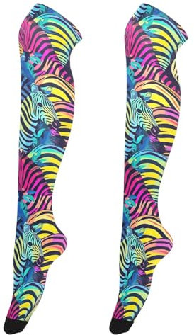 CHIFIGNO Oberschenkelhohe Socken für Damen, hohe Socken, Overknee-Socken, Oberschenkelhöhe, Beinstulpen, Retro-Neon-Zebra-Druck, Einheitsgröße