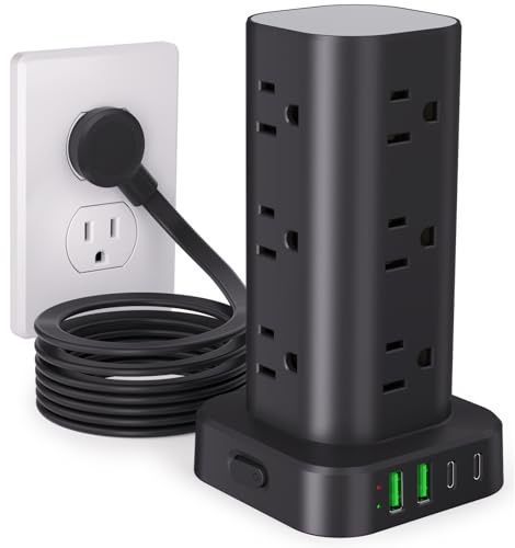 Power Strip Tower with Multiple Outlets, Flat Plug Surge Protector Tower Extension Cord with 12 AC Outlets, 4 USB Ports (2 USB C), 10ft Cord, Protector