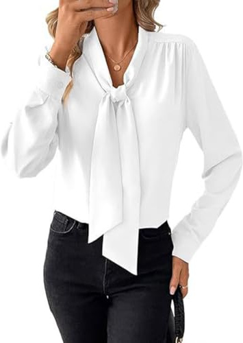 SHEKINI Blusa de trabajo para mujer elegante con lazo y cuello de manga larga para oficina Blusa Vintage Business Casual, Color blanco., S