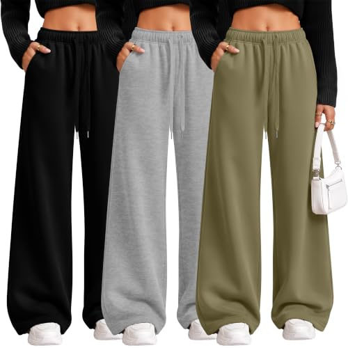Riyiper Paquete de 3 Pantalones Deportivos de Pierna Ancha para Mujer Rectos con Cordón y Cintura Elástica y Bolsillos(Moca, Gris Claro, Negro,L)