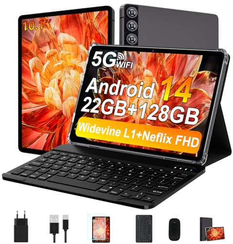 ZIOVO Android 14 Tablette 10 Pouces, 22GoRAM+128Go ROM (1To TF),Widevine L1/Octa-Core/2.0GHz/5G WiFi/8000mAh/BT 5.0/5+8MP/Coque Métallique/Tablette Tactile avec Clavier et Souris-Gris