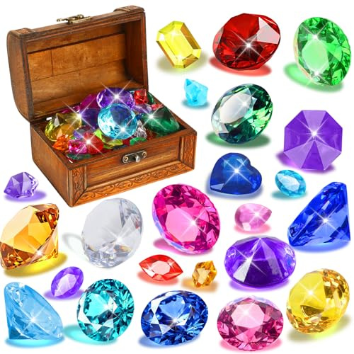 MARFOREVER Large Diving Gems Pool Toys, 48 PCS Big Colorful Diamonds with Big Pirate Treasure Chest Box Underwater Gemstone Swimming Toys for Kids Summer Swim Water Training Toys Gifts Games