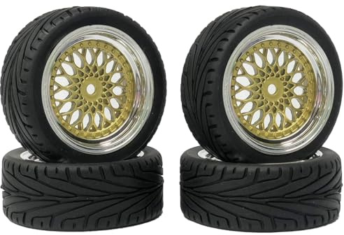 KINGCOO RC Auto Reifen und Räder Set, 4Stück 65mm Gummireifen mit Kunststoffbeschichtung Rad Felgen für 1/10 RC auf der Straße Run-Flating Touring Racing Modellauto (Gold Silber, Offset:6mm)