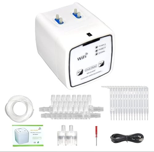 WIFI Dual Pump Controller, Automatic Drip Irrigation Kit, Adjustable Water Pressure, Remote APP Controller, Built in Self Priming Pump, for Garden Terrace Potted Plant Flower 20 Pots