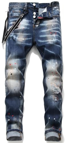 Kdtoll Vaqueros Hombre Regular Fit – Jeans de Mezclilla Azul Estilo Y2K Hip-Hop Cowboy, Pantalones Rectos con Efecto Salpicaduras de Tinta para Streetwear y Ocasiones Casuales