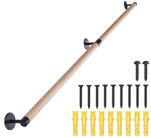 Purife 5 FT Wooden Stairs Handrails Wall Mount- Metal Support Wood Staircase Handrails, Interior Stair Railings, Banister Hand Railing, Outdoor Grab Bars Safety Handle for Elderly