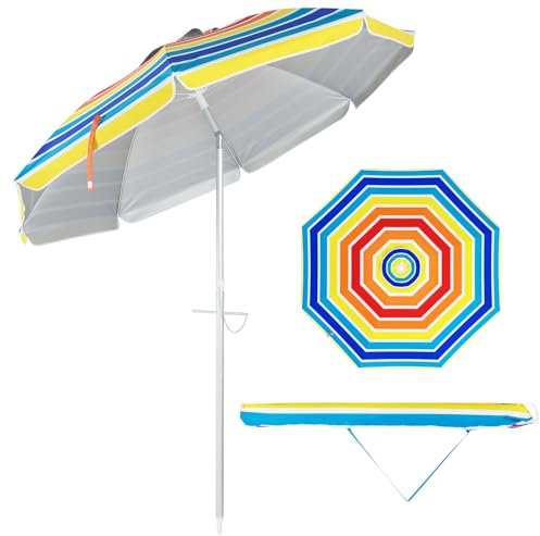 KOMFOTTEU Ombrellone da Spiaggia 200cm, Parasole da Giardino Protezione Solare UV50+, Pieghevole & Leggero, Ombrellone da Balcone con Borsa, per Patio, Campeggio, Piscina, Senza Base (Colorato)