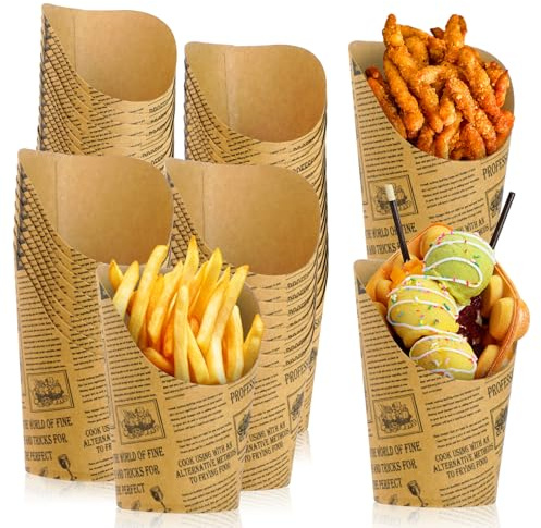 50 Stück Kraftpapierbecher 14oz, Snackbecher mit Schrägem Mund für Pommes | Kraftpapier Einweg Snackschalen, PE-beschichtet auslaufsicher ölbeständig, für Pommes Waffeln Popcorn Eis, 50 Stück
