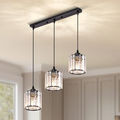 Warmiehomy Modern Crystal Chandelier 3 Lights, Hanging Lights Adjustable Height, E27 Pendant Ceiling Light for Kitchen Island, Living Room, Bedroom, Hallway,Round,L50*W15*H120cm(Black)