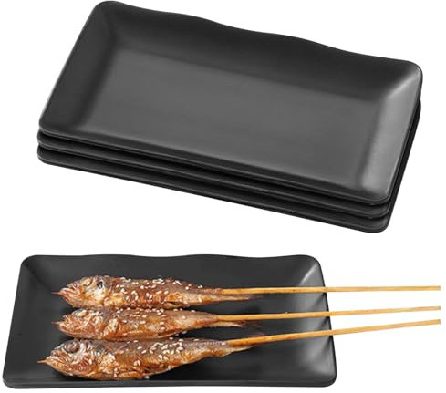 LEKEFETO Set di 4 piatti da portata in melamina, rettangolari, neri opachi, per barbecue, hotpot e feste, lavabili in lavastoviglie e indistruttibili (20,5 x 12,5 cm)