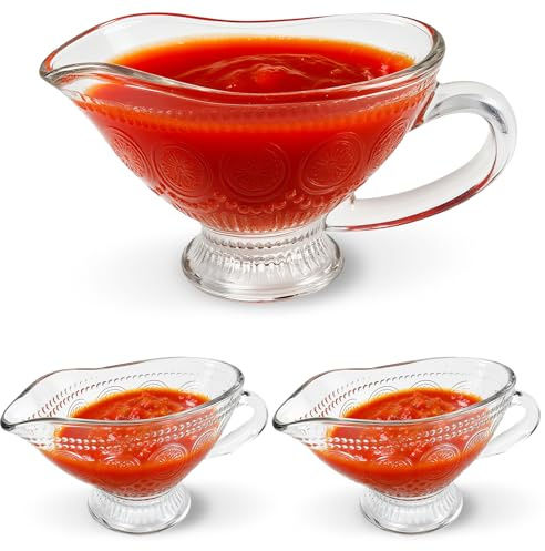 Seuqhck 2 Pack 12 Oz Glass Gravy Dish with Handle, Clear Gravy Sauce Boat with Embossed Flower Designs for Dining, Holiday Meals, Parties, Thanksgiving, Christmas
