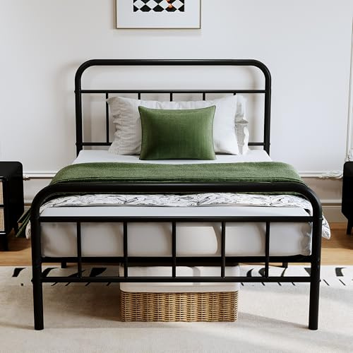 Easllre 14Inch Metal Bed Frame,Twin Size Bed Frame with Upholstered Headboard,Heavy Duty Sturdy Mattress Foundation,Easy Assembly,No Box Spring Needed,Grey-Twin
