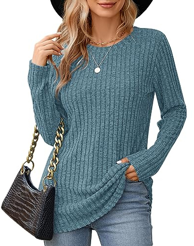 WNEEDU Damtröjor rund hals långärmade toppar kvinnor lätta mjuka sweatshirts vardaglig höst randig tröja tunika skjortor blå M