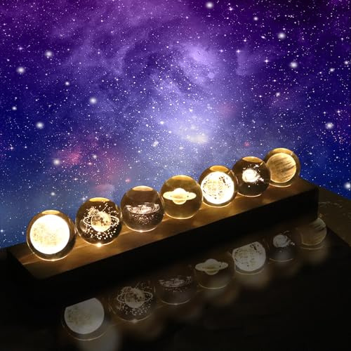 TOWEBOORY 7 Crystal Balls Night Light Decor, Healing Spheres with LED Wooden Stand 40mm Glass Ball Solar System Crystal Ball for Meditation Positive Energy Home Office Decoration (Warm Light)