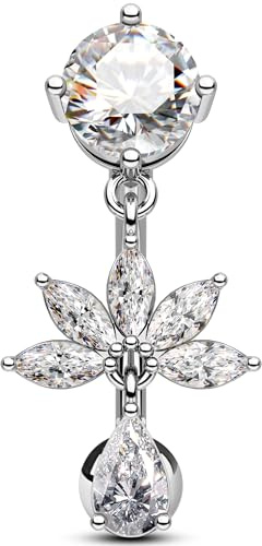 OUFER Piercing Nombril 14G Inversé Argent Lotus Nombril Anneau Acier Chirurgical 316L Transparent Zircones Cubiques Pendant Percing au Nombril pour Femmes 10mm